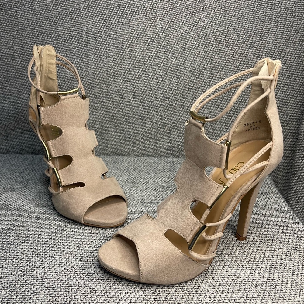 Cathy Jean Tan Stiletto Heels with Lace-Up Design